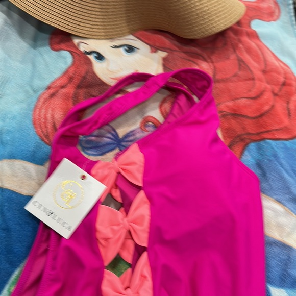 Cyn&Luca one piece swim suit. Hot Pink with 4 neon orange bows on each sidesXLG - Picture 6 of 7